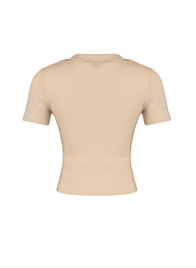 trendyol Beige Fitted Crop Polo Neck Ribbed Stretchy Knitted Blouse TWOSS21BZ0038 - Image 3