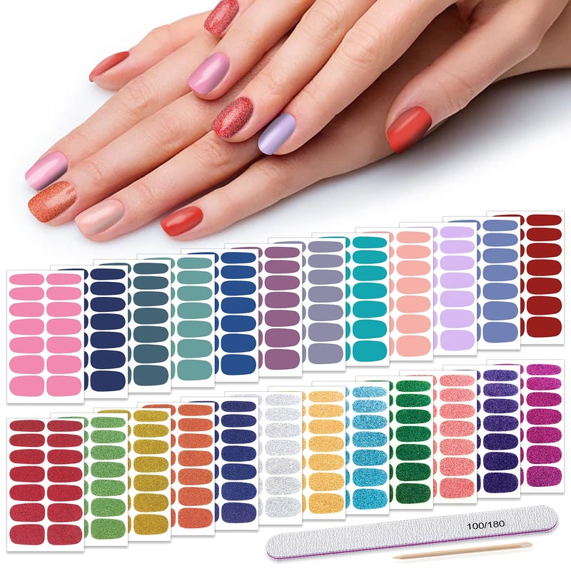 Nail Polish Strips Solid Color DANNEASY 24 Sheets Adhesive Nail Polish Stickers Full Nail Wraps for Women Girls Manicure Sticker Fingernails 1Pc Nail File Cuticle Stick