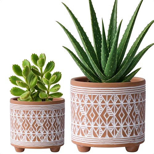 D'vine Dev Set of 2 Terracotta Planter Pots, 4 Inch & 6 Inch, Design Plants Pot with Drainage Hole, Savanna Weave, Terracotta/White, 31-953-G-1 - Image 1