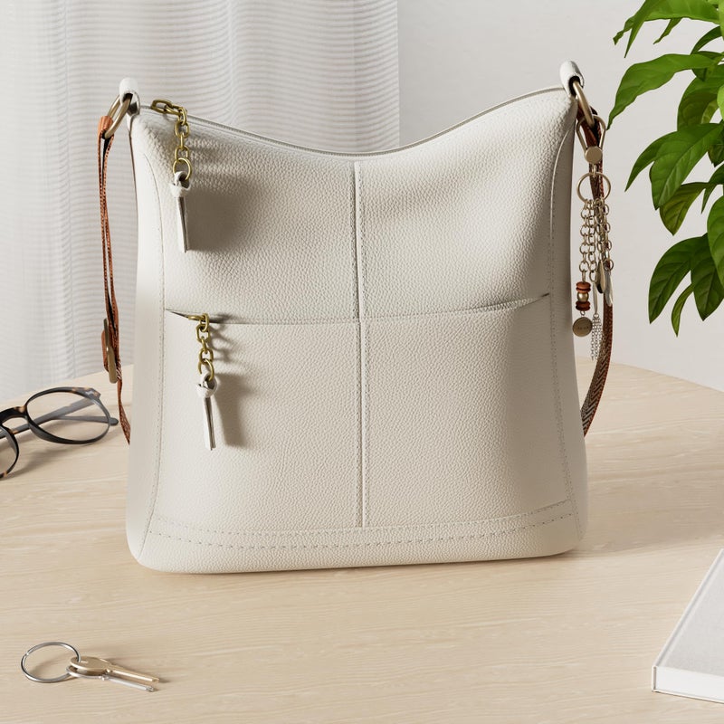 The Sak Lucia Crossbody Bag in Leather, Adjustable Strap, Stone - Image 3