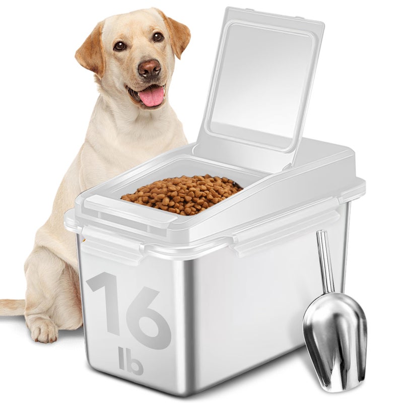 Newget Dog Food Storage Container Stainless Steel with Scoop, 16-lb/11-lb Airtight Metal Pet Food Storage Bin, Cat Food Container for Dry Dog, Cat Food, Bird Seed, Keep Food Fresh, White - Image 1