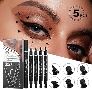 Sitovely 5 Pcs Doubleheaded Liquid Eyeliner Stamp Pen Set Waterproof Long Lasting Black Eyeliner Pencil Smudgeproof Lazy Eye Liners Stencils Eye Tattoo MakeupTriangleHeartStarFlowerButterfly - Image 2