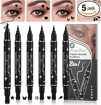 Sitovely 5 Pcs Doubleheaded Liquid Eyeliner Stamp Pen Set Waterproof Long Lasting Black Eyeliner Pencil Smudgeproof Lazy Eye Liners Stencils Eye Tattoo MakeupTriangleHeartStarFlowerButterfly - Image 1