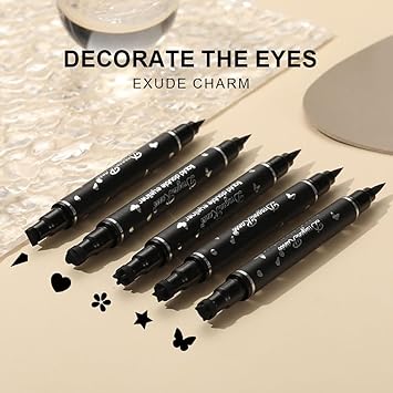 Sitovely 5 Pcs Doubleheaded Liquid Eyeliner Stamp Pen Set Waterproof Long Lasting Black Eyeliner Pencil Smudgeproof Lazy Eye Liners Stencils Eye Tattoo MakeupTriangleHeartStarFlowerButterfly - Image 3