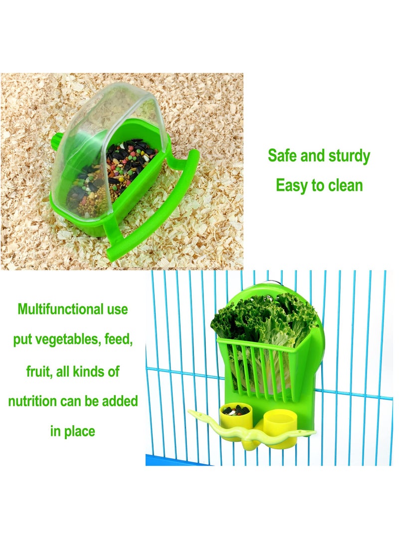 2Pcs Birds Water Food Container +Bird Cage Fruit Vegetable Holder Feeder, Parrot Feeder Hanging Food Bowl, Pet Vegetable Rack Baskets with Stand Perch for Parakeet Budgies Cockatiel Lovebirds, green