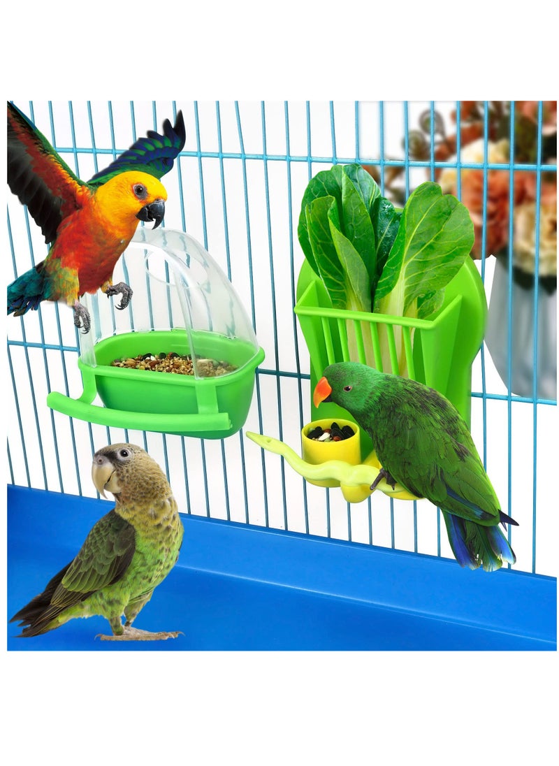 2Pcs Birds Water Food Container +Bird Cage Fruit Vegetable Holder Feeder, Parrot Feeder Hanging Food Bowl, Pet Vegetable Rack Baskets with Stand Perch for Parakeet Budgies Cockatiel Lovebirds, green