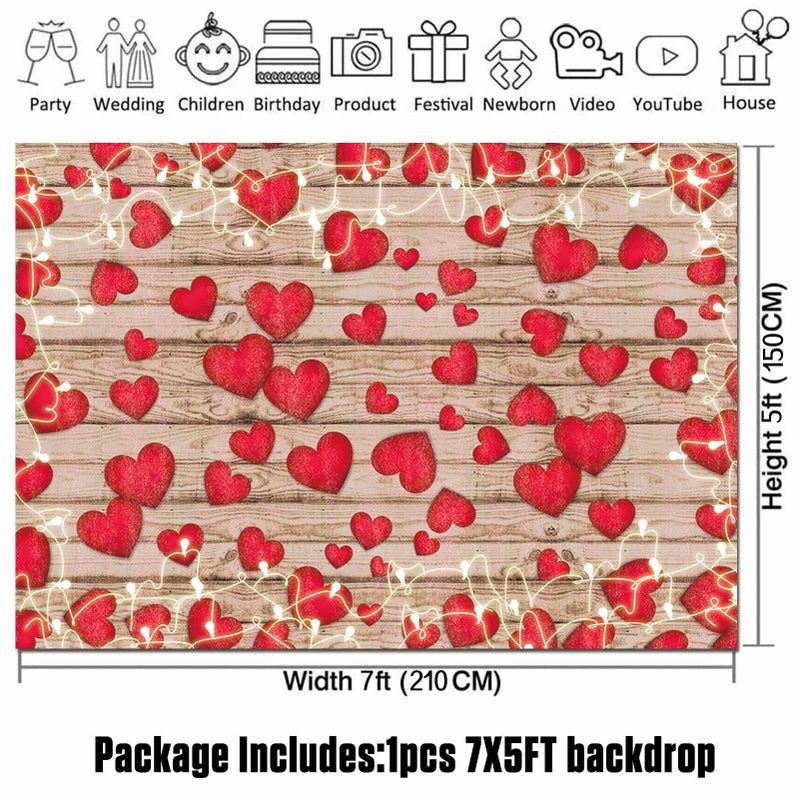 HQM Vintage Rustic Wood Glitter Glow Red Love Heart Valentine's Day Theme Photography Backdrop Wedding Anniversary Bridal Shower Mother's Day Photo Background Couple Studio Shoot Props Supplies 7x5ft - Image 5