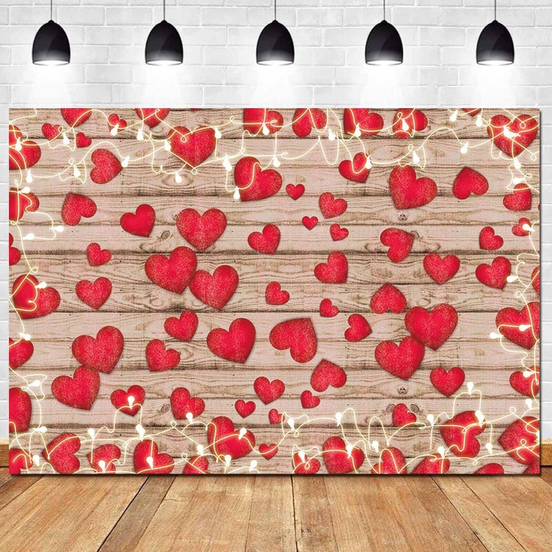 HQM Vintage Rustic Wood Glitter Glow Red Love Heart Valentine's Day Theme Photography Backdrop Wedding Anniversary Bridal Shower Mother's Day Photo Background Couple Studio Shoot Props Supplies 7x5ft - Image 1
