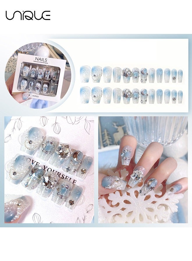 Unique 24Pcs Fake Nails, Press Nails, Mid-length Ballet Manicure - Gradient Blue Shiny Snowflake Manicure - Sparkling Diamond & Pearl Manicure - Fake Nail Patch - Image 2