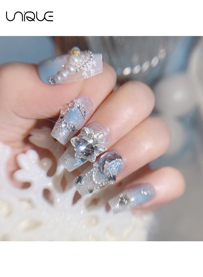Unique 24Pcs Fake Nails, Press Nails, Mid-length Ballet Manicure - Gradient Blue Shiny Snowflake Manicure - Sparkling Diamond & Pearl Manicure - Fake Nail Patch - Image 5