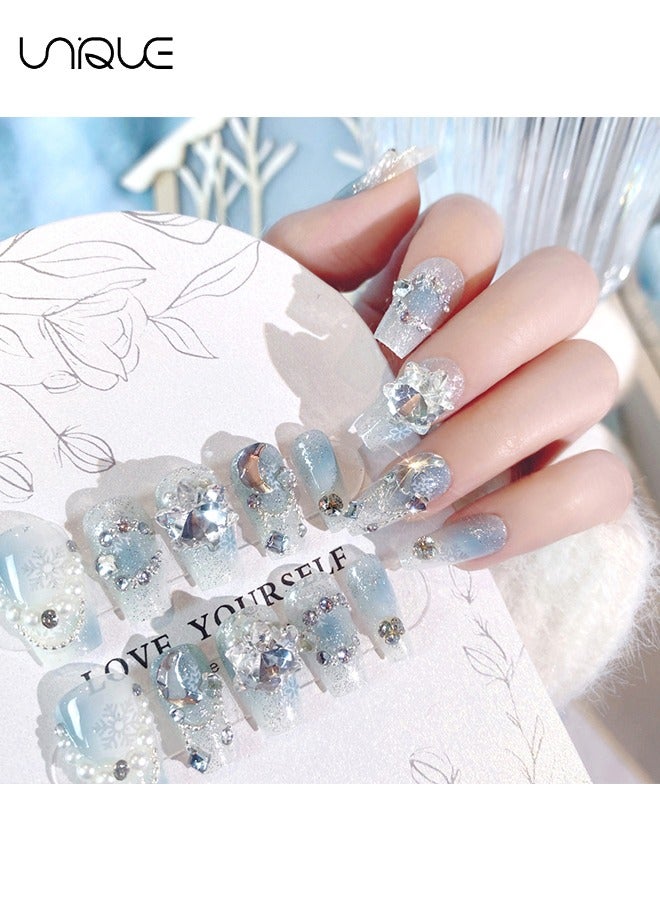 Unique 24Pcs Fake Nails, Press Nails, Mid-length Ballet Manicure - Gradient Blue Shiny Snowflake Manicure - Sparkling Diamond & Pearl Manicure - Fake Nail Patch - Image 4