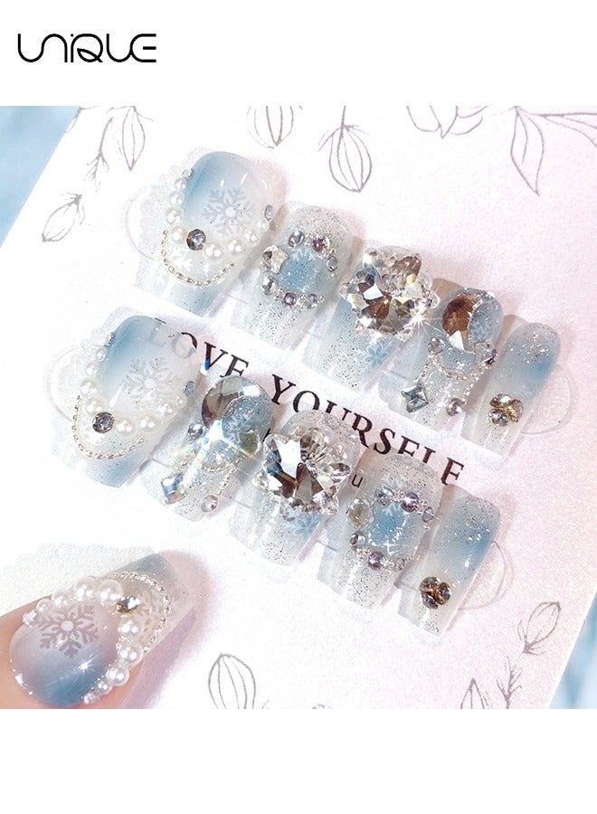 Unique 24Pcs Fake Nails, Press Nails, Mid-length Ballet Manicure - Gradient Blue Shiny Snowflake Manicure - Sparkling Diamond & Pearl Manicure - Fake Nail Patch - Image 3
