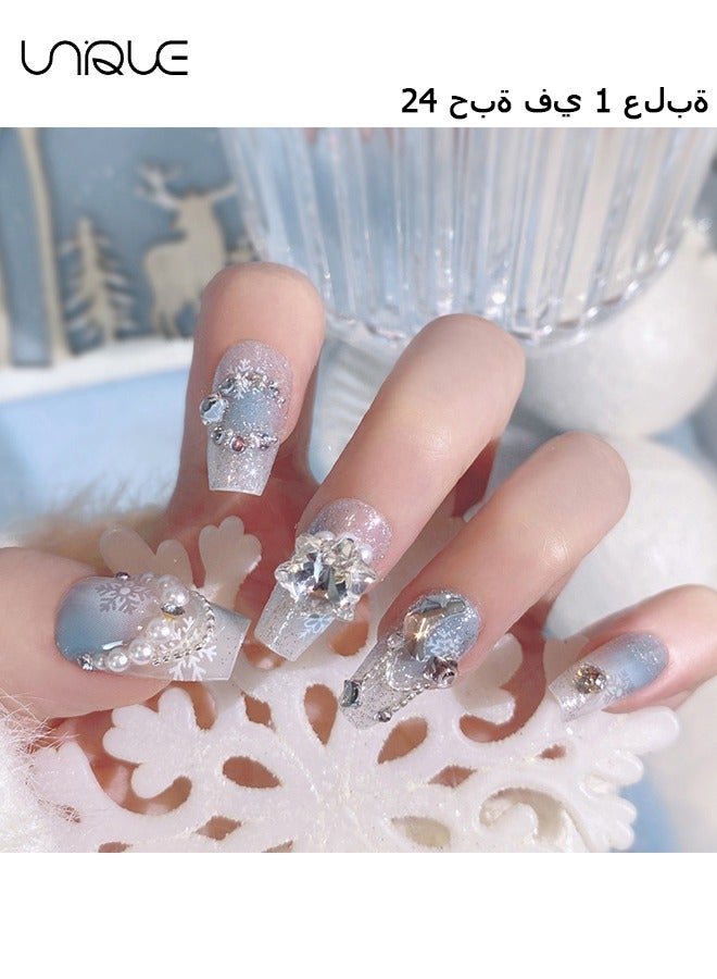 Unique 24Pcs Fake Nails, Press Nails, Mid-length Ballet Manicure - Gradient Blue Shiny Snowflake Manicure - Sparkling Diamond & Pearl Manicure - Fake Nail Patch - Image 1
