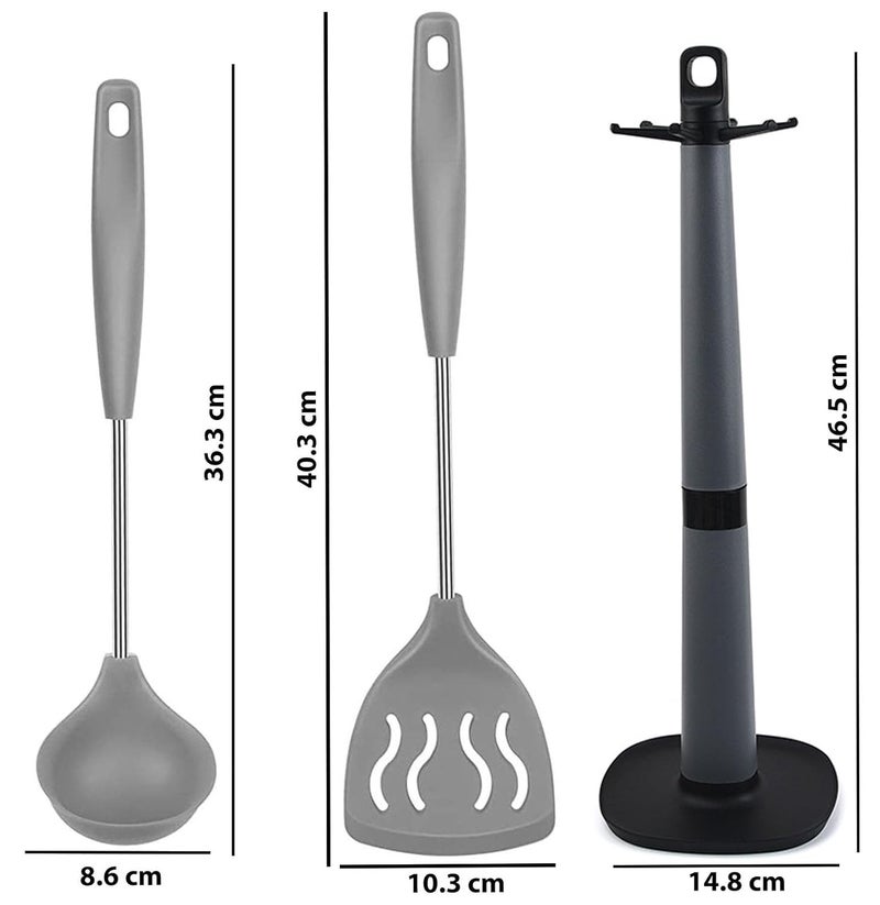 P Plus Fire P Plus Fire Stainless Steel Spoons Silicone Ladle Spoon Dosa Ladle Non Stick Ladle Slotted Spatula Turner Pancake Turner Egg Flipper Ladle Holder for Kitchen Spatulas Set of 3 Grey  - Image 2