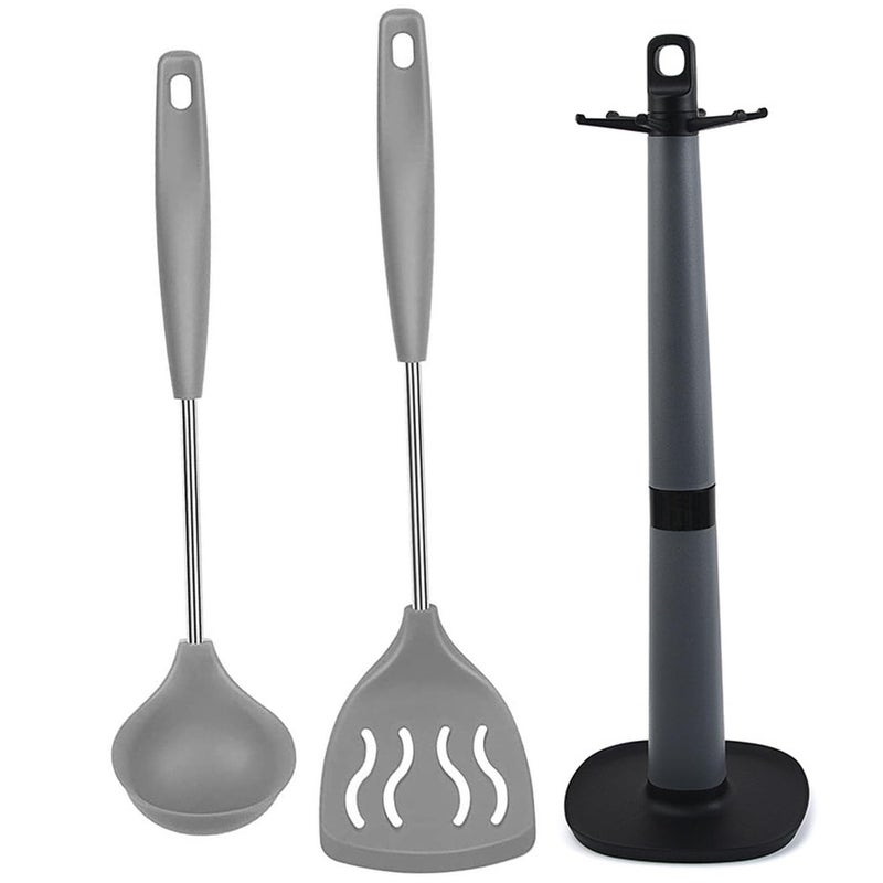 P Plus Fire P Plus Fire Stainless Steel Spoons Silicone Ladle Spoon Dosa Ladle Non Stick Ladle Slotted Spatula Turner Pancake Turner Egg Flipper Ladle Holder for Kitchen Spatulas Set of 3 Grey  - Image 1
