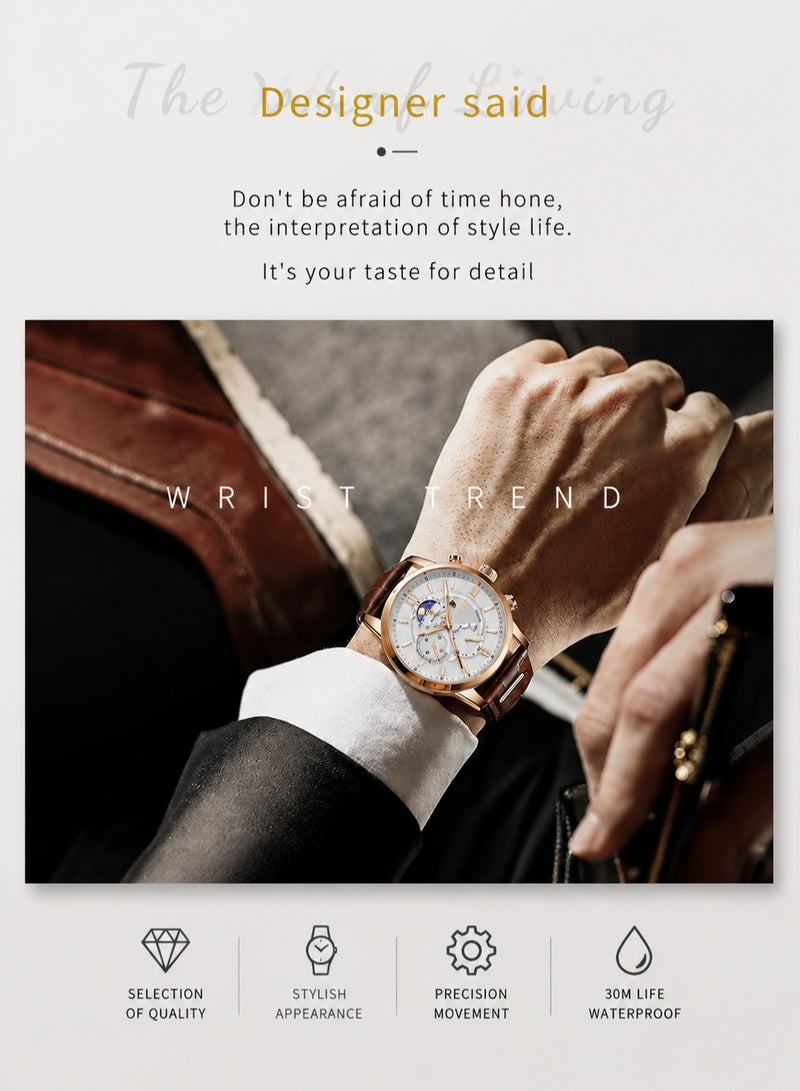 LIGE Waterproof Watches for Men Analog Quartz Watch for Business with Luxury Leather Strap Silver White - Image 3