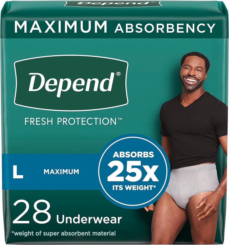 Depend Depend Fresh Protection Adult Incontinence Underwear for Men, Disposable, Maximum, Large, Grey, 28 Count, Packaging May Vary 