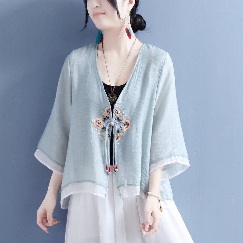 Spring and Summer 2024 Cotton and Linen Diamond Flower Strap Single Buckle Double Layer Seven-point Sleeve Cardigan Autumn Chinese Style Vintage Tea N#369 apricot - Image 3