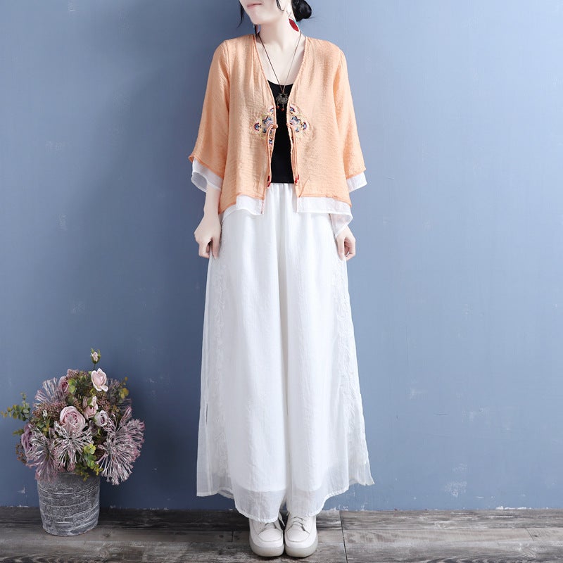 Spring and Summer 2024 Cotton and Linen Diamond Flower Strap Single Buckle Double Layer Seven-point Sleeve Cardigan Autumn Chinese Style Vintage Tea N#369 apricot - Image 5