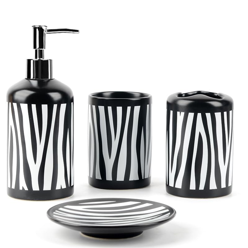 WPM WORLD PRODUCTS MART WPM 4 Piece Ceramic Bathroom Accessories Set - Zebra Print - Our Complete Bath Decor Kit Includes Designer Soap or Lotion Dispenser - Toothbrush Holder - Tumbler - Soap Dish - Image 1