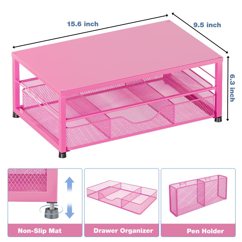 OPNICE Desk Organizer and Accessories, 2-Tier Computer Monitor Stand with Drawer and 2 Pen Holders, Laptop Stand, Office Desk Accessories for Office Supplies, Carmine Rose - Image 2