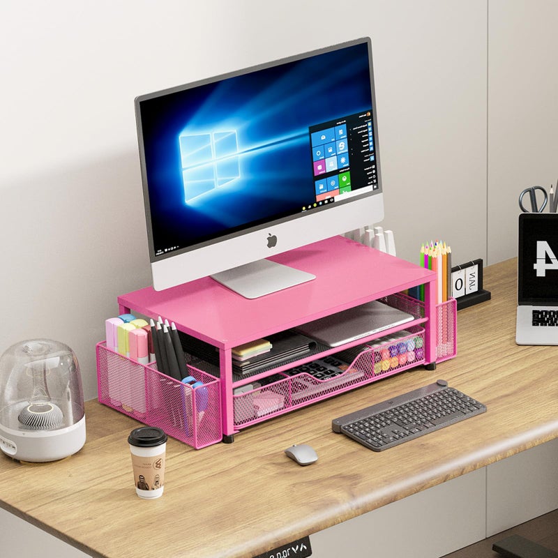 OPNICE Desk Organizer and Accessories, 2-Tier Computer Monitor Stand with Drawer and 2 Pen Holders, Laptop Stand, Office Desk Accessories for Office Supplies, Carmine Rose - Image 3