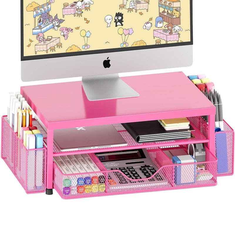 OPNICE Desk Organizer and Accessories, 2-Tier Computer Monitor Stand with Drawer and 2 Pen Holders, Laptop Stand, Office Desk Accessories for Office Supplies, Carmine Rose - Image 1