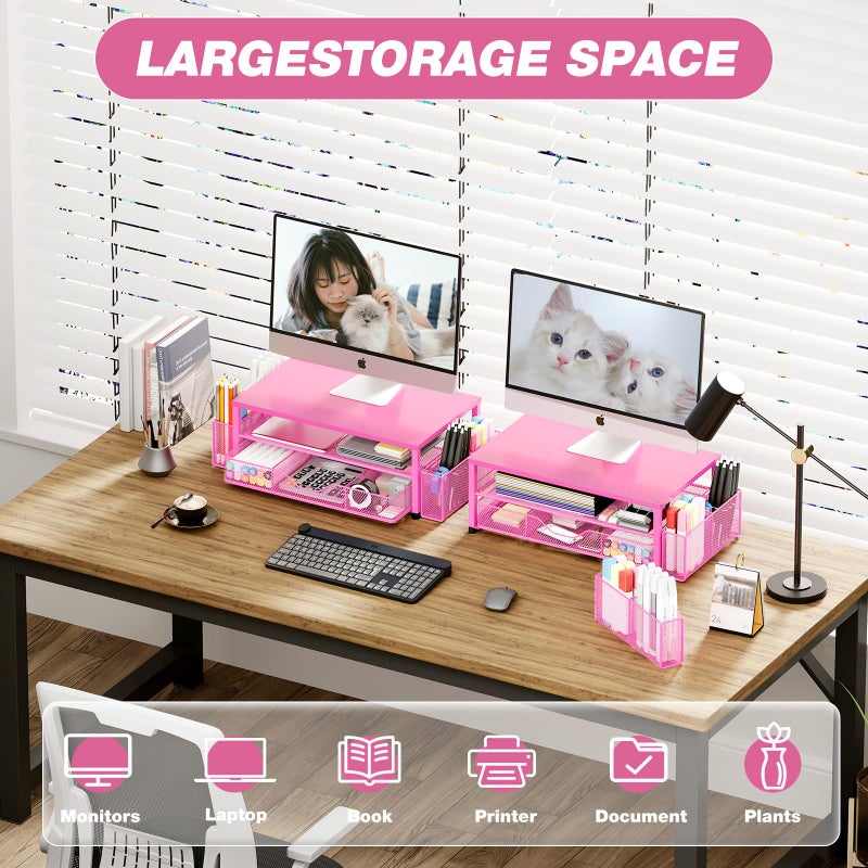 OPNICE Desk Organizer and Accessories, 2-Tier Computer Monitor Stand with Drawer and 2 Pen Holders, Laptop Stand, Office Desk Accessories for Office Supplies, Carmine Rose - Image 5