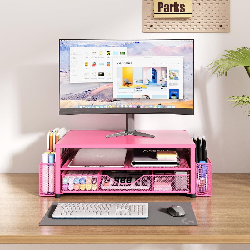 OPNICE Desk Organizer and Accessories, 2-Tier Computer Monitor Stand with Drawer and 2 Pen Holders, Laptop Stand, Office Desk Accessories for Office Supplies, Carmine Rose - Image 4
