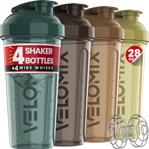 VELOMIX -4 PACK- 28 oz Protein Shaker Bottle for Protein Mixes - 4x Wire Whisk | Leak Proof Shaker Cups for Protein Shakes | Protein Shaker Bottle Pack | Protein Shake Cup (Urban Clay) - Image 1