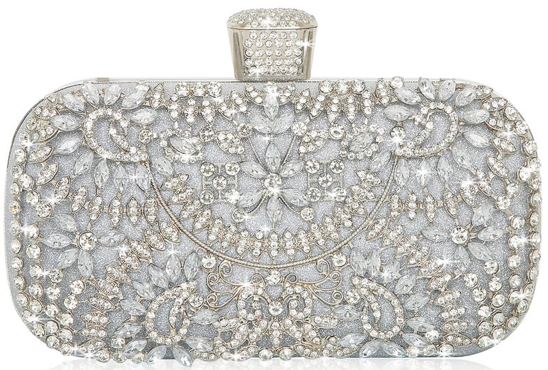 Covelin Women's Rhinestone Decorated Evening Bag, Tote Shoulder Crossbody Handbag with Chain Pure Silver - Image 1