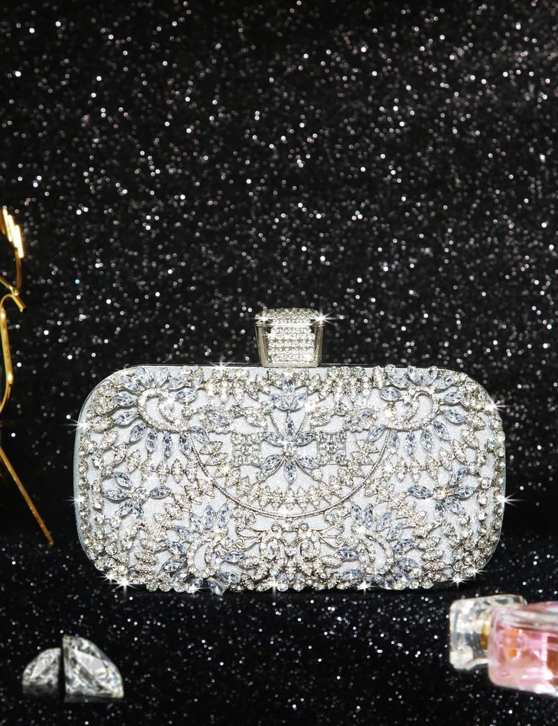 Covelin Women's Rhinestone Decorated Evening Bag, Tote Shoulder Crossbody Handbag with Chain Pure Silver - Image 3