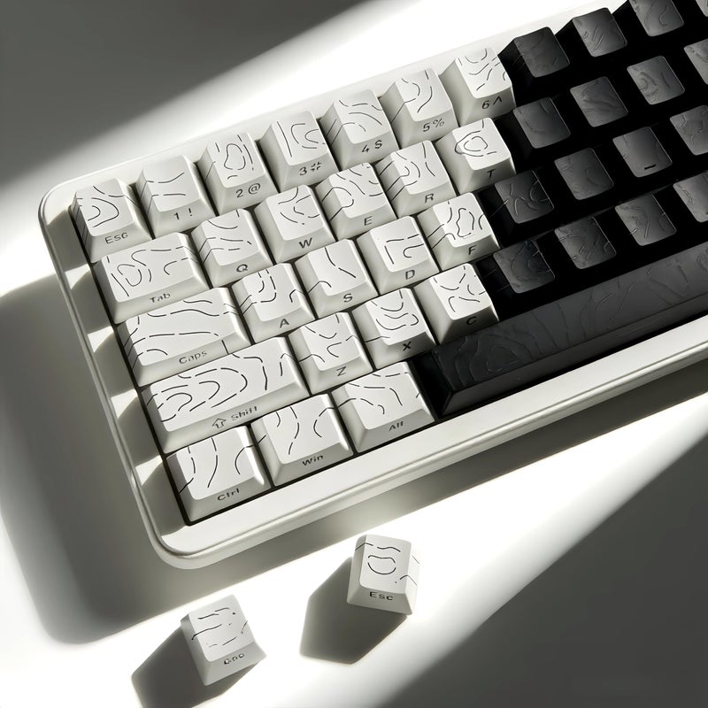 dagaladoo Double Shot PBT keycap Set,White and Black Topographic Keyboard keycaps 60 75 100 Percent,Shine Through Custom keycap Lines Backlit,Cherry Profile Key caps for US Layout Mechanical Keyboard - Image 5