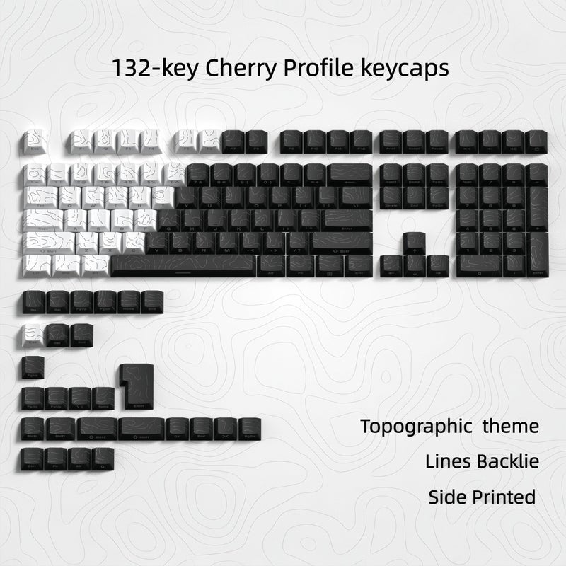 dagaladoo Double Shot PBT keycap Set,White and Black Topographic Keyboard keycaps 60 75 100 Percent,Shine Through Custom keycap Lines Backlit,Cherry Profile Key caps for US Layout Mechanical Keyboard - Image 2