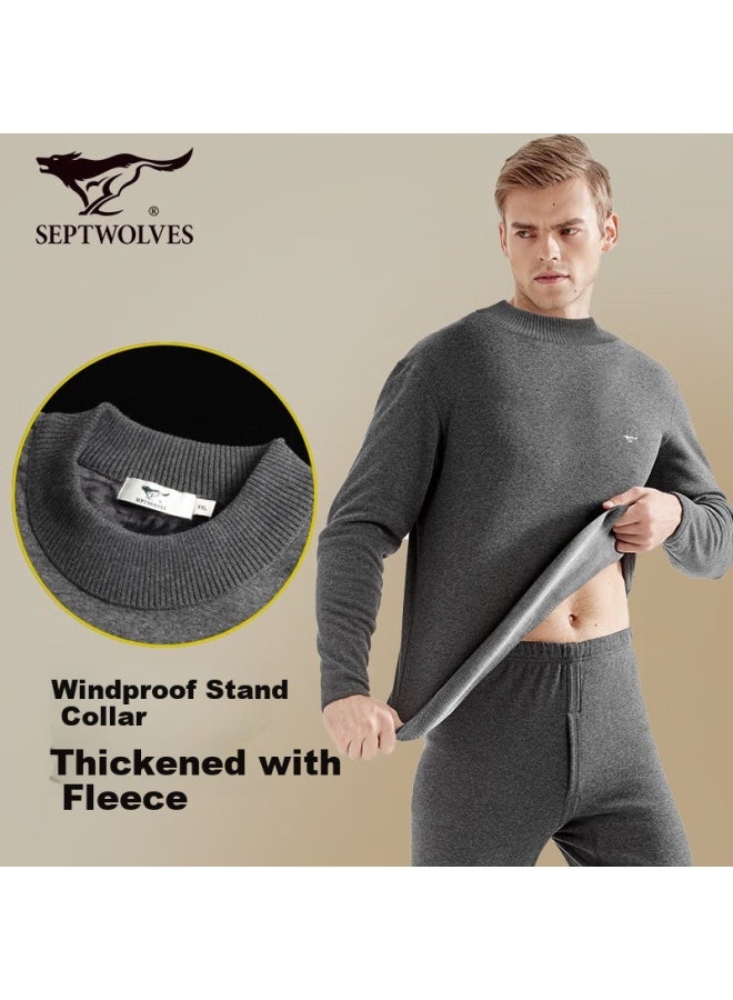 Septwolves Men's Thermal Underwear Set For Autumn And Winter, With Fleece Lining, Thickened High Neck, Windproof And Cold-resistant, Neck Protection Set For Middle-aged And Elderly - Image 3