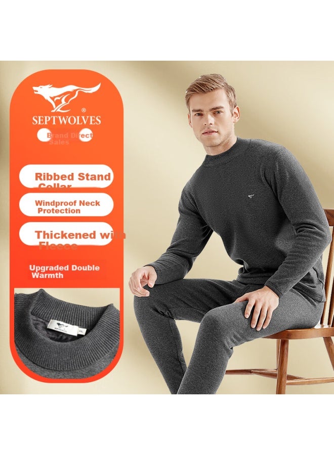 Septwolves Men's Thermal Underwear Set For Autumn And Winter, With Fleece Lining, Thickened High Neck, Windproof And Cold-resistant, Neck Protection Set For Middle-aged And Elderly - Image 2