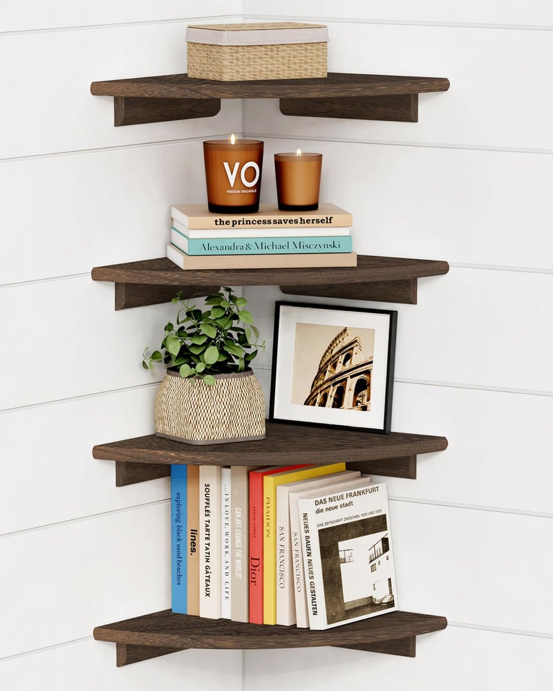 Forbena Large Corner Floating Shelves for Wall Set of 4 12 Inch Deep Wall Mounted Corner Shelves for Bedroom Livining Room Farmhouse Hanging Bookshelf Bookshelves Rustic Brown - Image 2