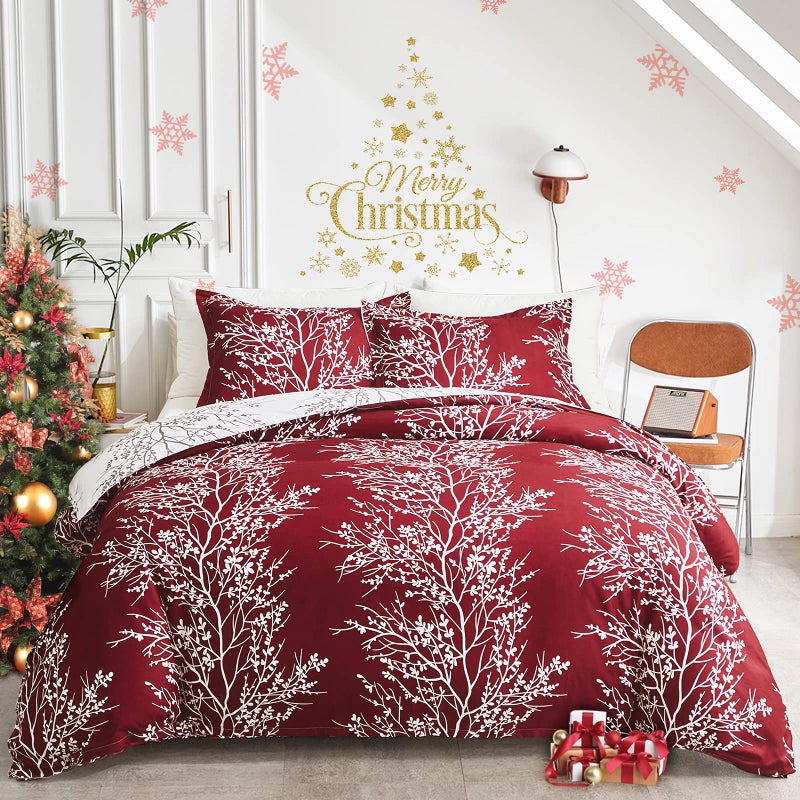 Flysheep Burgundy Red Botanical Christmas Comforter Set Queen Full Size Red and White Tree Branch Floral Reversible 3 Piece Bedding Set Ultra Soft Microfiber for All Season