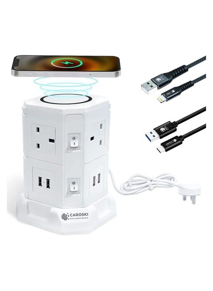 كاروسكي سلك تمديد برج كاروسكي مع شحن لاسلكي 6 مقابس طاقة 13 أمبير مع 4 محطات شاحن USB ملحقات مقاومة للحريق بتبديل الطاقة - Image 1