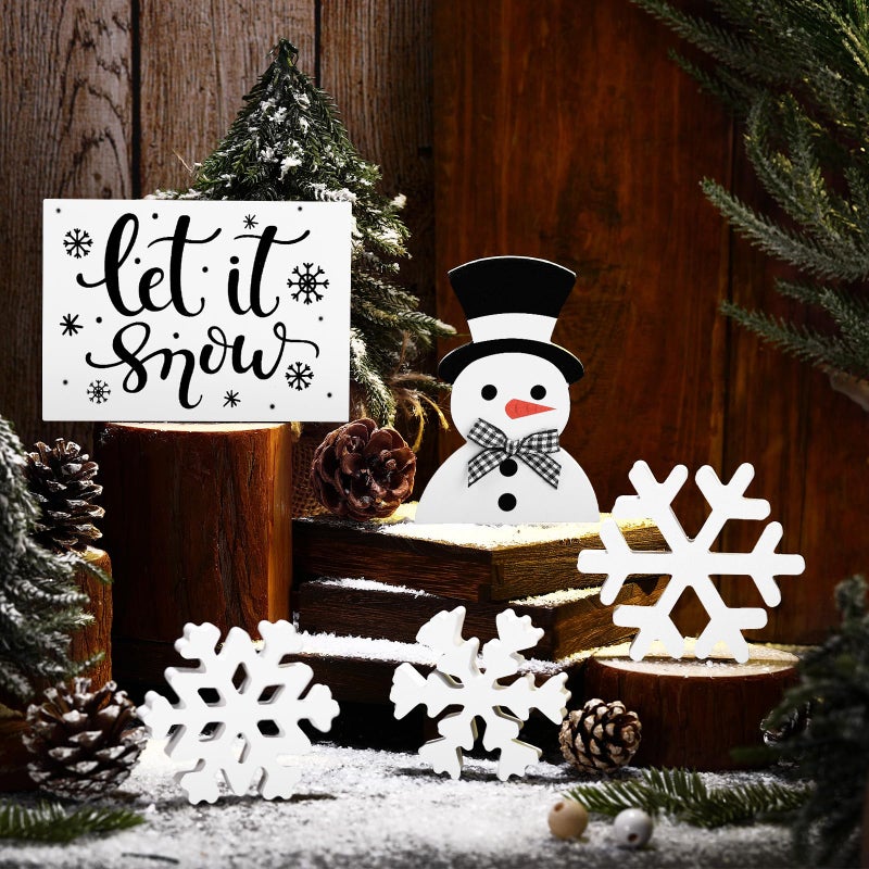 Glikceil 5 Pcs Winter Table Decorations Rustic Snowman Snowflake Wooden Signs Farmhouse Tiered Tray Decor Let It Snow Tabletop Centerpieces Block Black White Winter Decor for Table Office Desk Gifts - Image 1