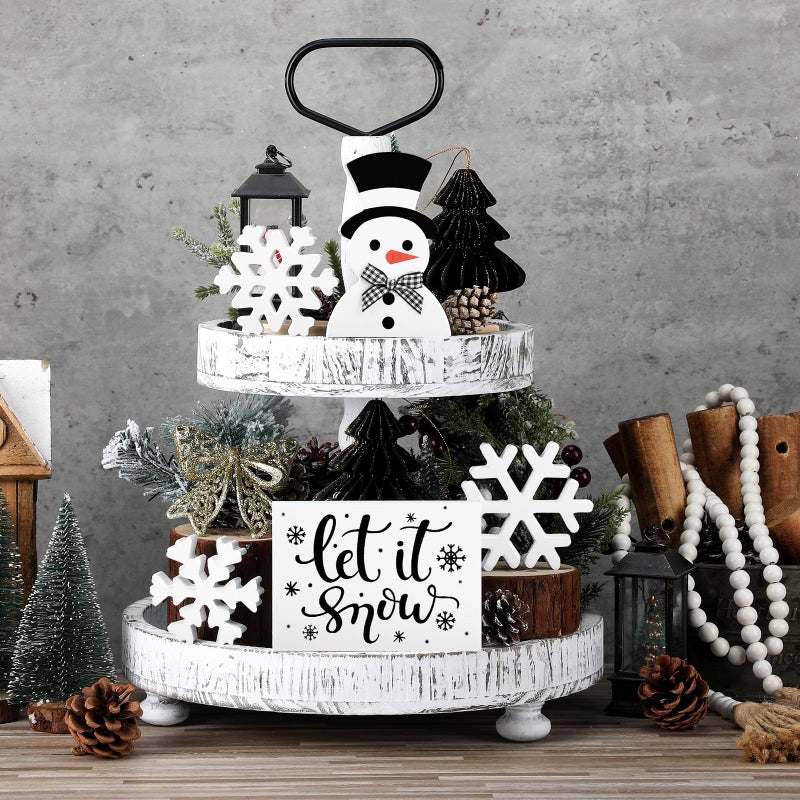 Glikceil 5 Pcs Winter Table Decorations Rustic Snowman Snowflake Wooden Signs Farmhouse Tiered Tray Decor Let It Snow Tabletop Centerpieces Block Black White Winter Decor for Table Office Desk Gifts - Image 4
