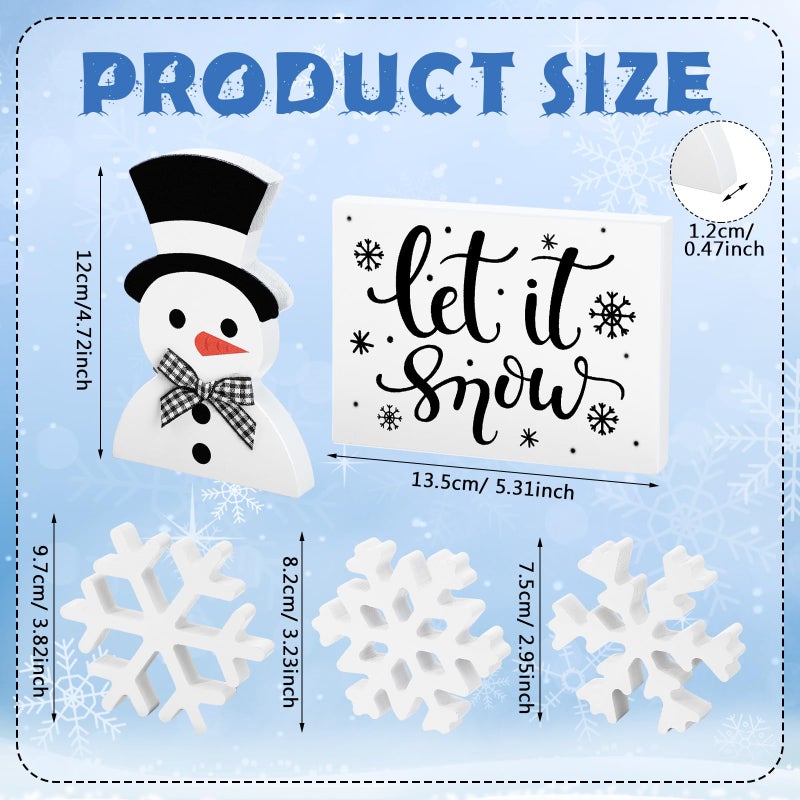 Glikceil 5 Pcs Winter Table Decorations Rustic Snowman Snowflake Wooden Signs Farmhouse Tiered Tray Decor Let It Snow Tabletop Centerpieces Block Black White Winter Decor for Table Office Desk Gifts - Image 3