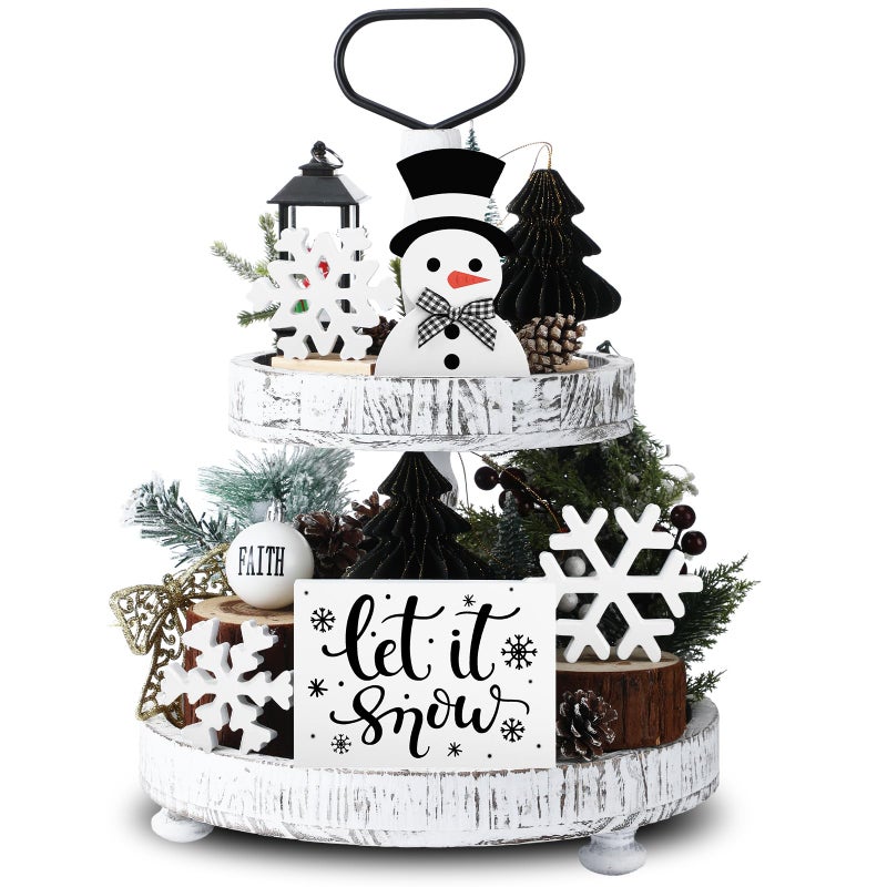 Glikceil 5 Pcs Winter Table Decorations Rustic Snowman Snowflake Wooden Signs Farmhouse Tiered Tray Decor Let It Snow Tabletop Centerpieces Block Black White Winter Decor for Table Office Desk Gifts - Image 2