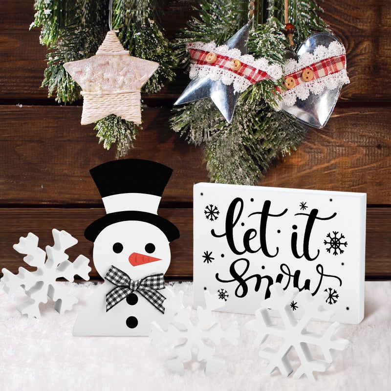 Glikceil 5 Pcs Winter Table Decorations Rustic Snowman Snowflake Wooden Signs Farmhouse Tiered Tray Decor Let It Snow Tabletop Centerpieces Block Black White Winter Decor for Table Office Desk Gifts - Image 5