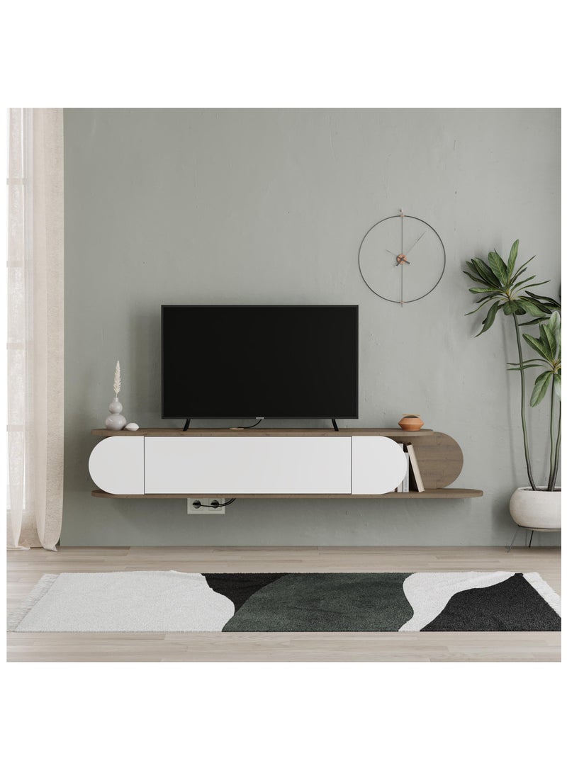 موراه حامل تلفزيون عائم عصري من موراه هوم تون، مناسب لأجهزة التلفزيون حتى 65 بوصة | بابان للتخزين | وحدة تخزين تلفزيون مع مساحتي تخزين | 180×29.6×30 سم - بني- أبيض - Image 1