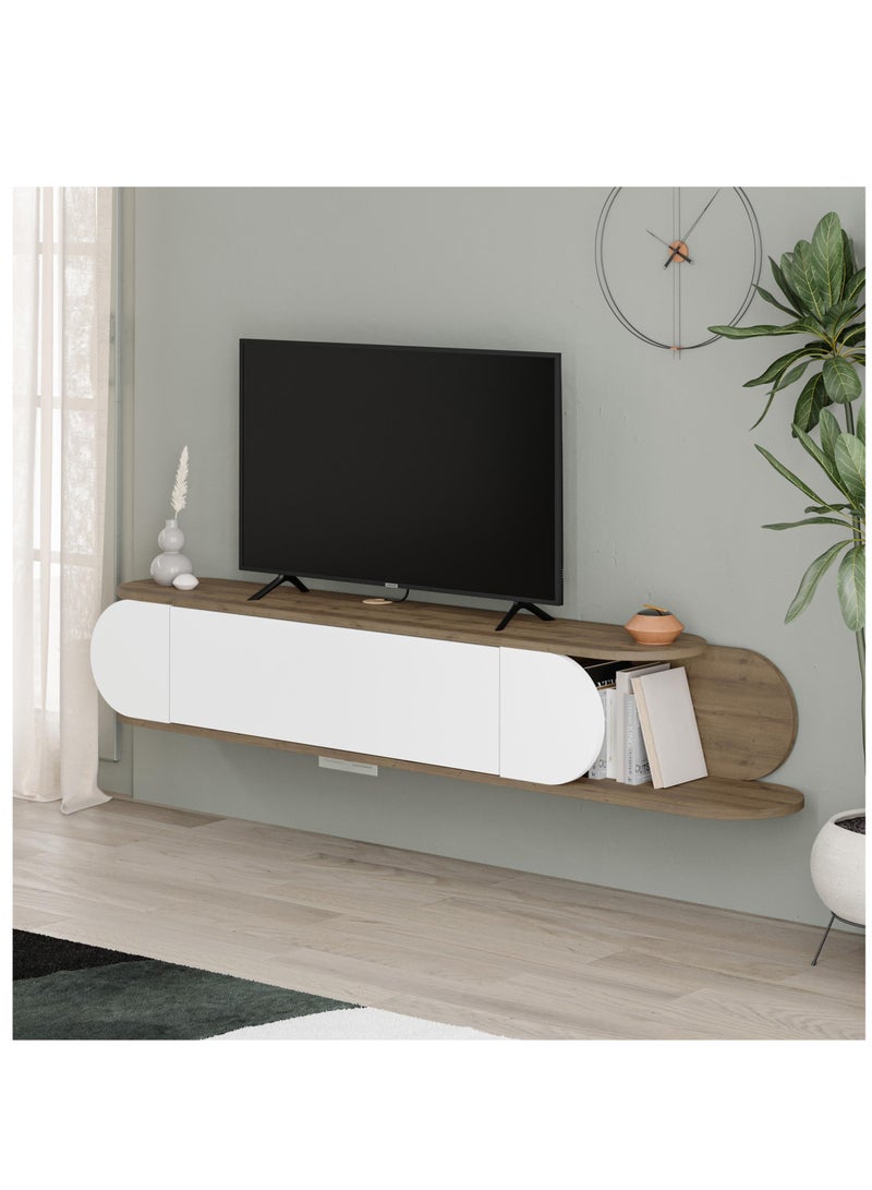 موراه حامل تلفزيون عائم عصري من موراه هوم تون، مناسب لأجهزة التلفزيون حتى 65 بوصة | بابان للتخزين | وحدة تخزين تلفزيون مع مساحتي تخزين | 180×29.6×30 سم - بني- أبيض - Image 2