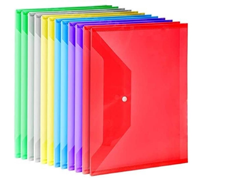 Transparent Document Folder - Side Opening Colored Poly-Plastic File Storage Bag with Snap Button - A4 & Legal Size Document Folder for Certificates, Plastic File Organizer - Set of 50