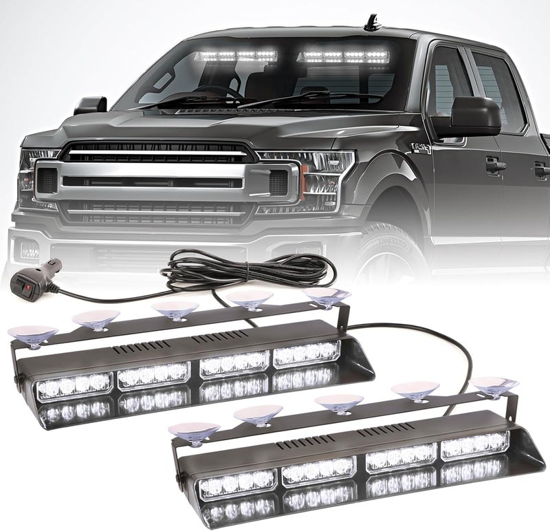 PKINGLAKE 2 in 1 LED Emergency Dash Strobe Light Bar Front/Rear Windshield Safety Flashing Warning Hazard Interior Lights for Police Firefighter Construction Vehicles Trucks (2x14 inch, White/White) - Image 1
