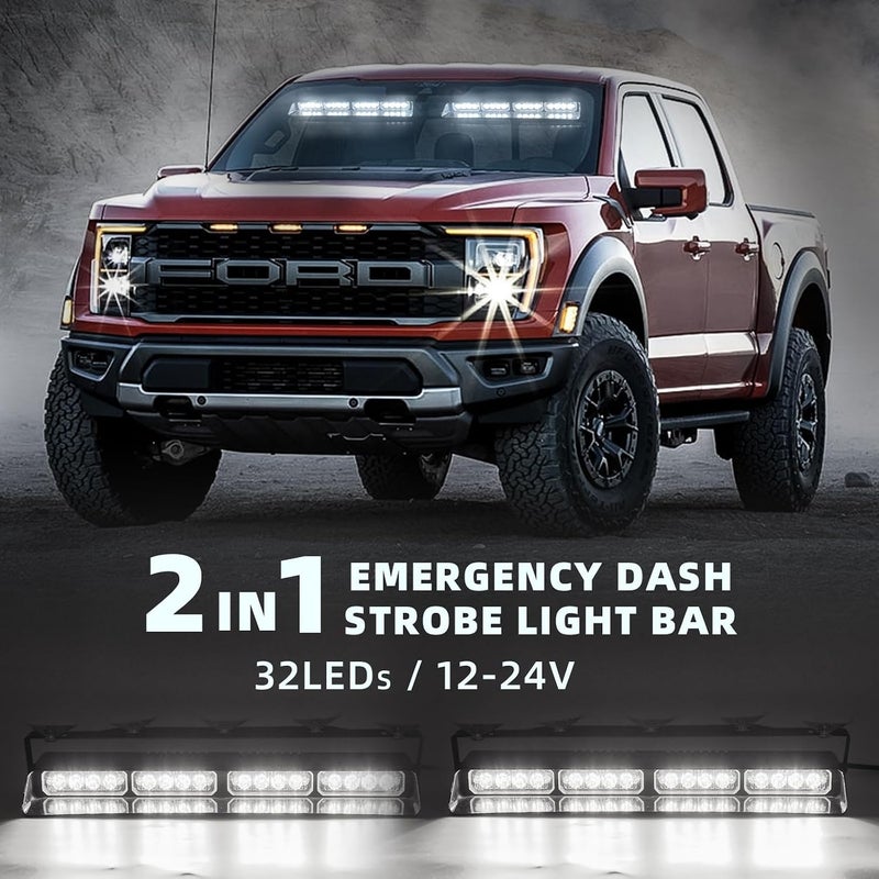 PKINGLAKE 2 in 1 LED Emergency Dash Strobe Light Bar Front/Rear Windshield Safety Flashing Warning Hazard Interior Lights for Police Firefighter Construction Vehicles Trucks (2x14 inch, White/White) - Image 2