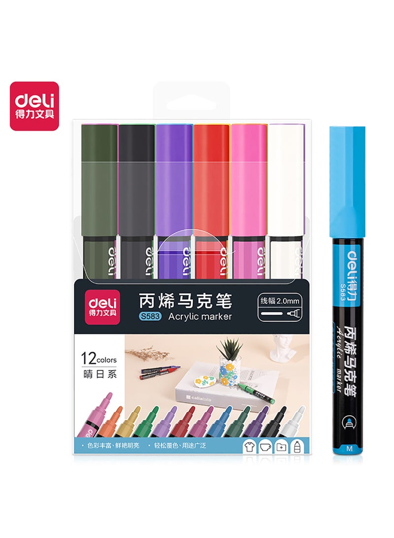 Deli Acrylic Marker Pen Set 2 mm , Waterproof ink , for Drawing on Glass , Ceramics , Pack of 12 Colors  - Image 1